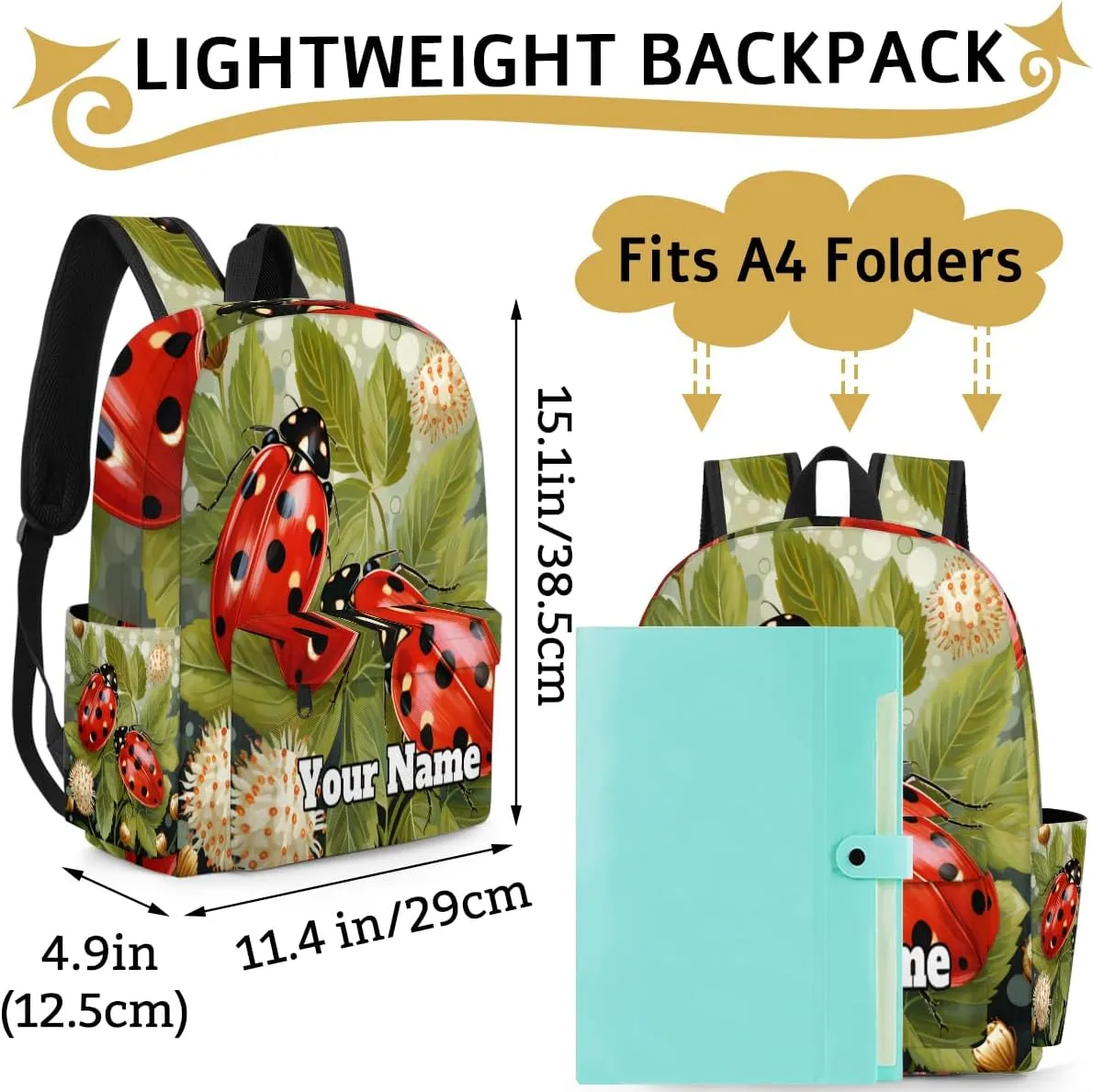 Personalized Ladybirds Preschool Toddler Backpack for Boys Girls Custom Kids Name Small Bookbags Kindergarten Elementary Backpack, Ladybirds Flowers