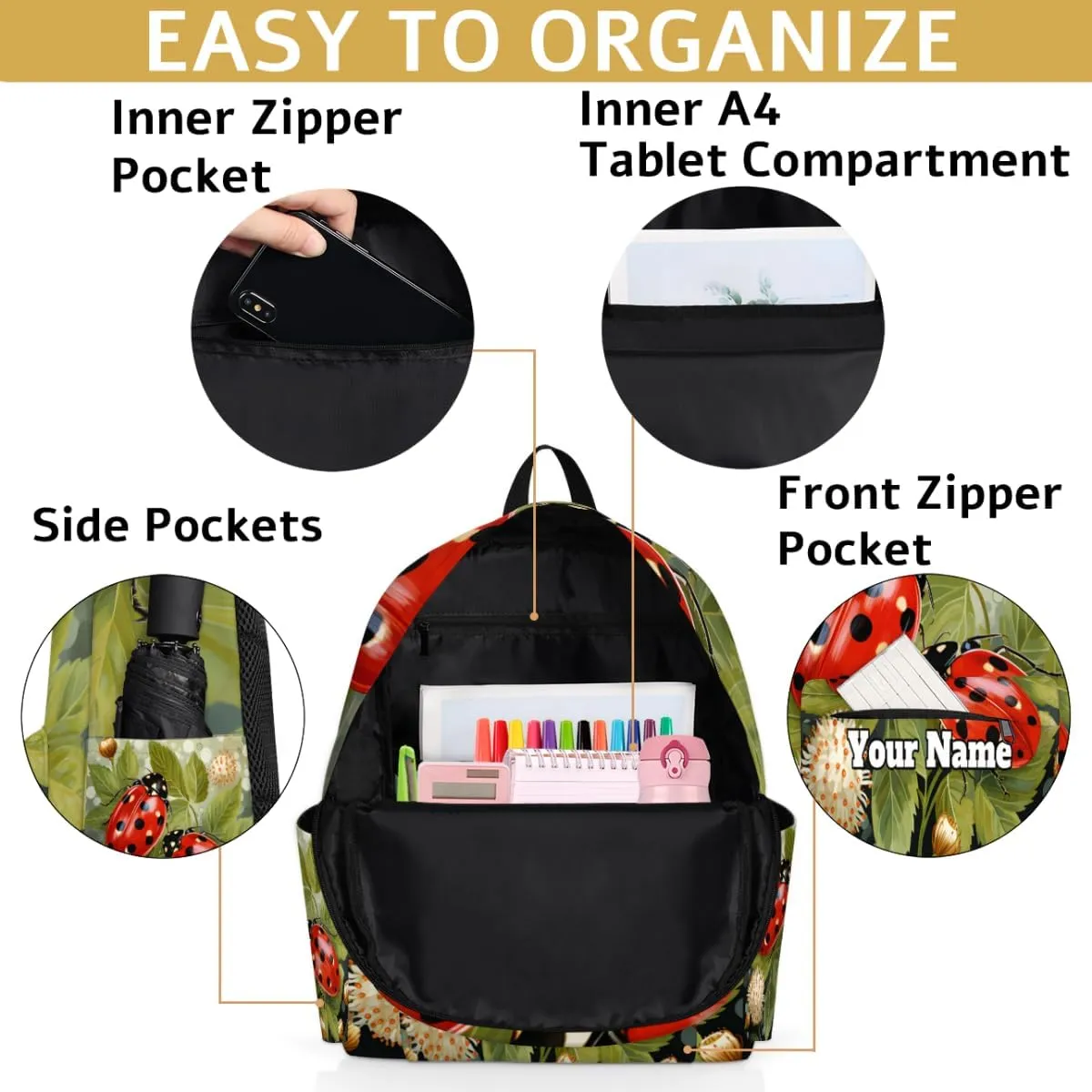 Personalized Ladybirds Preschool Toddler Backpack for Boys Girls Custom Kids Name Small Bookbags Kindergarten Elementary Backpack, Ladybirds Flowers