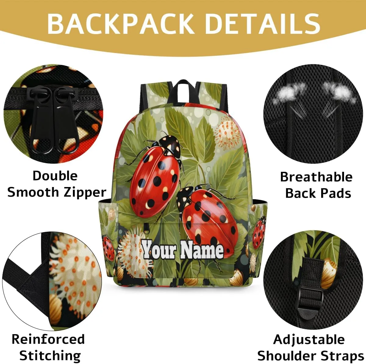 Personalized Ladybirds Preschool Toddler Backpack for Boys Girls Custom Kids Name Small Bookbags Kindergarten Elementary Backpack, Ladybirds Flowers