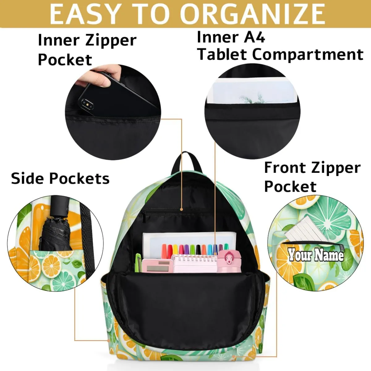 Personalized Lemon Preschool Toddler Backpack for Boys Girls Custom Kids Name Small Bookbags Kindergarten Elementary Backpack, Summer Lemon