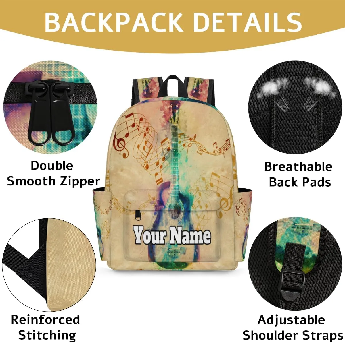 Personalized Music Note Preschool Toddler Backpack for Boys Girls Custom Kids Name Small Bookbags Kindergarten Elementary Backpack, Colorful Guitar