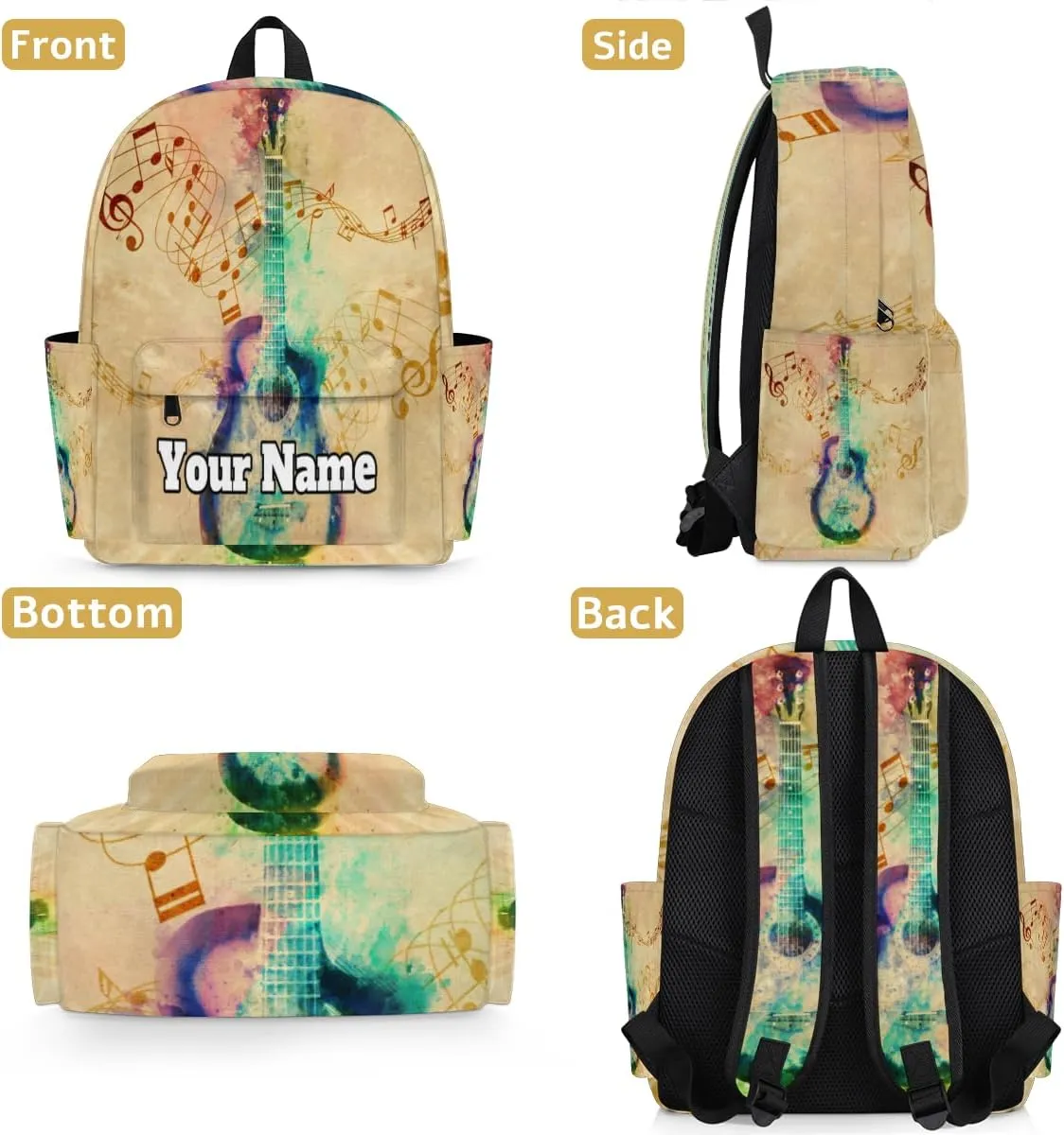 Personalized Music Note Preschool Toddler Backpack for Boys Girls Custom Kids Name Small Bookbags Kindergarten Elementary Backpack, Colorful Guitar