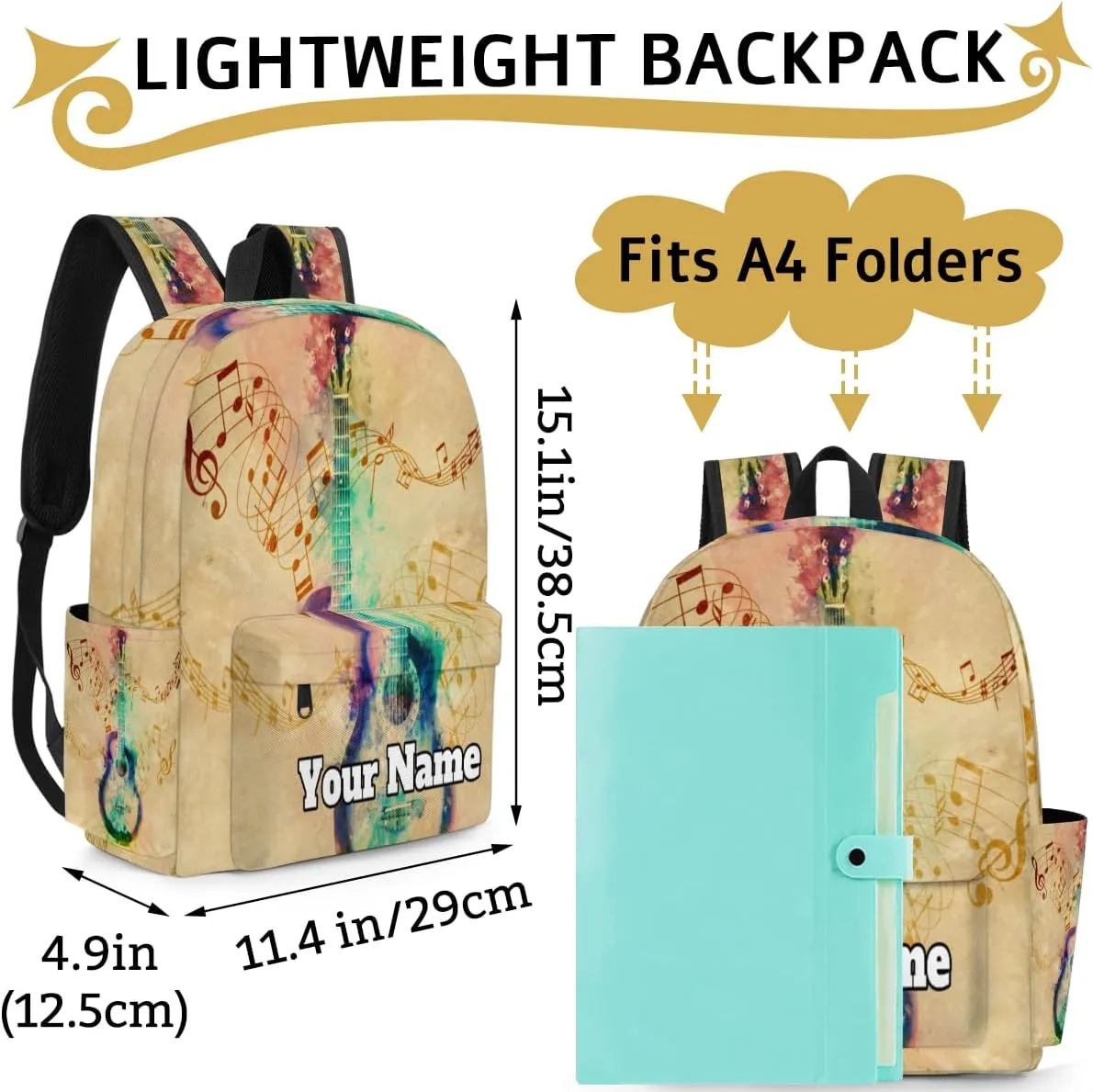 Personalized Music Note Preschool Toddler Backpack for Boys Girls Custom Kids Name Small Bookbags Kindergarten Elementary Backpack, Colorful Guitar