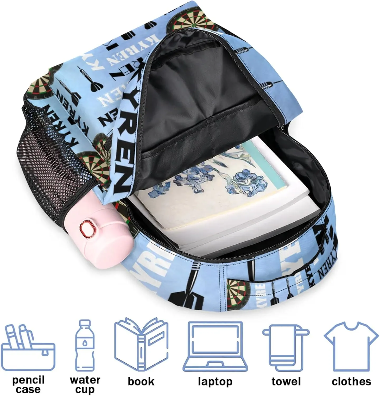Personalized Name Darts Backpack, Sports Bag Backpack for Men Women, Custom Name Laptop Backpacks Travel Camping Daypack, Blue Purple