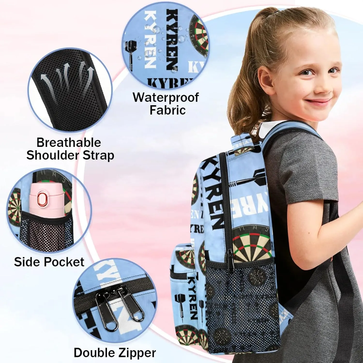 Personalized Name Darts Backpack, Sports Bag Backpack for Men Women, Custom Name Laptop Backpacks Travel Camping Daypack, Blue Purple