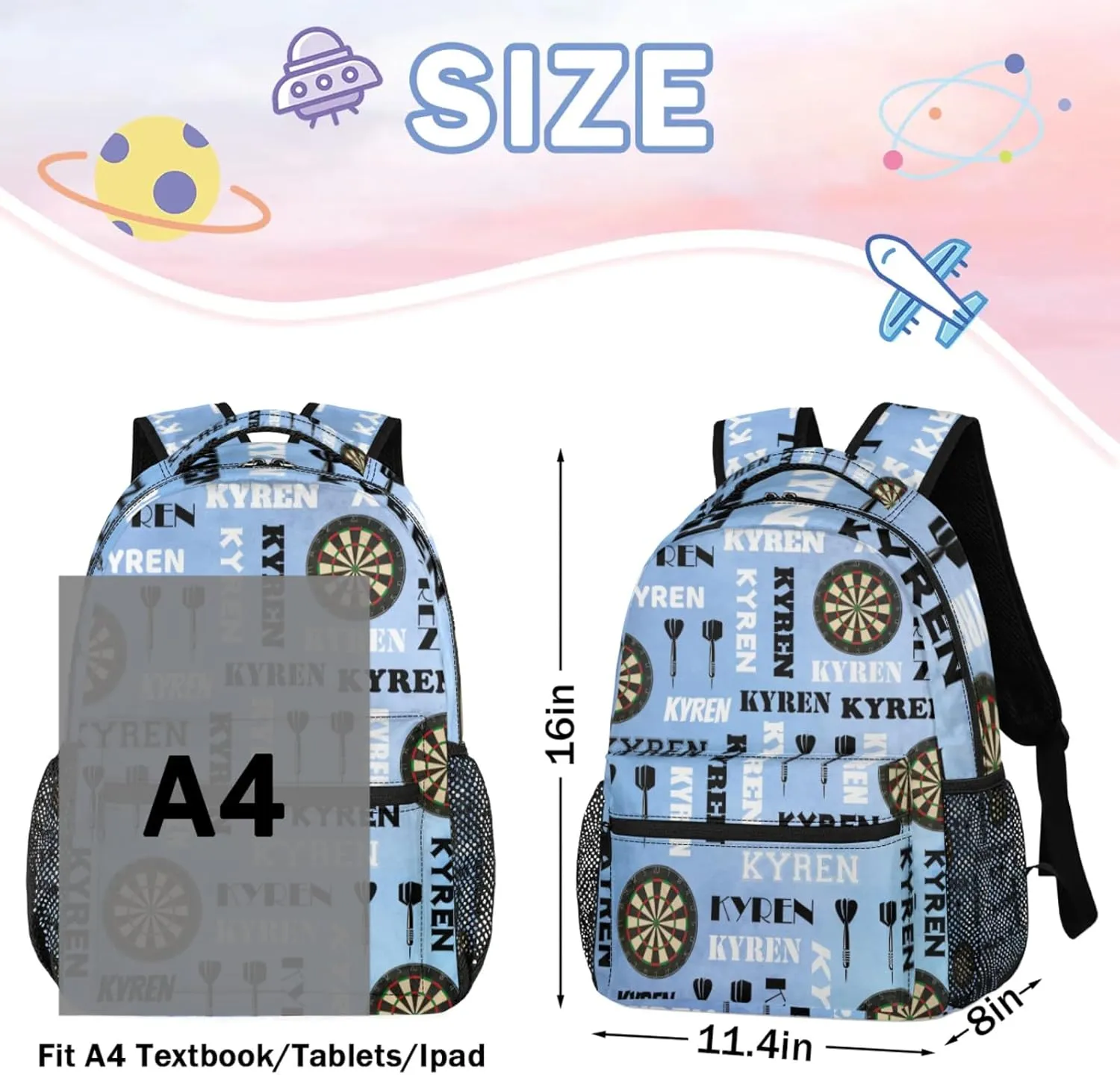 Personalized Name Darts Backpack, Sports Bag Backpack for Men Women, Custom Name Laptop Backpacks Travel Camping Daypack, Blue Purple