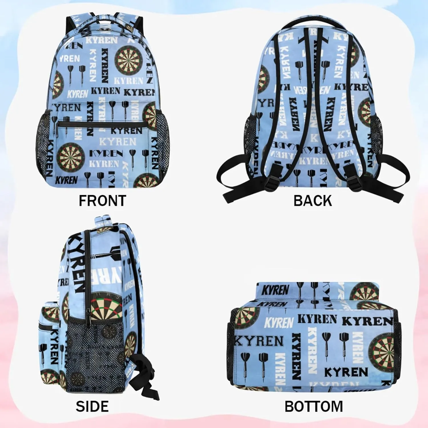 Personalized Name Darts Backpack, Sports Bag Backpack for Men Women, Custom Name Laptop Backpacks Travel Camping Daypack, Blue Purple