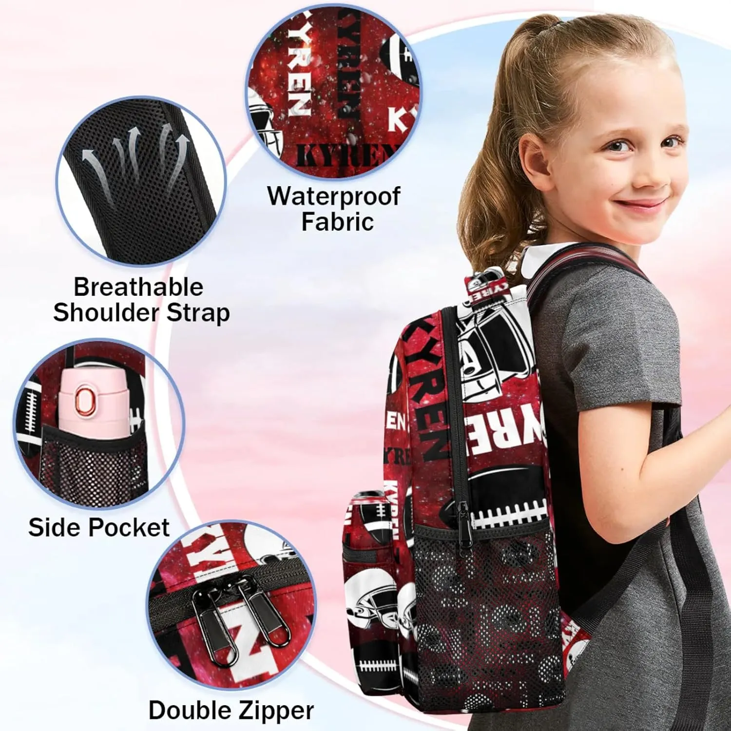 Personalized Name Football Backpack for Men Women, Custom Name Sports Bag Backpack, Laptop Backpacks Daypack for Travel Camping, Red Black
