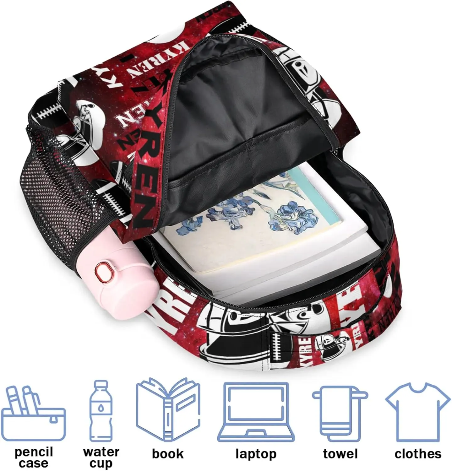 Personalized Name Football Backpack for Men Women, Custom Name Sports Bag Backpack, Laptop Backpacks Daypack for Travel Camping, Red Black