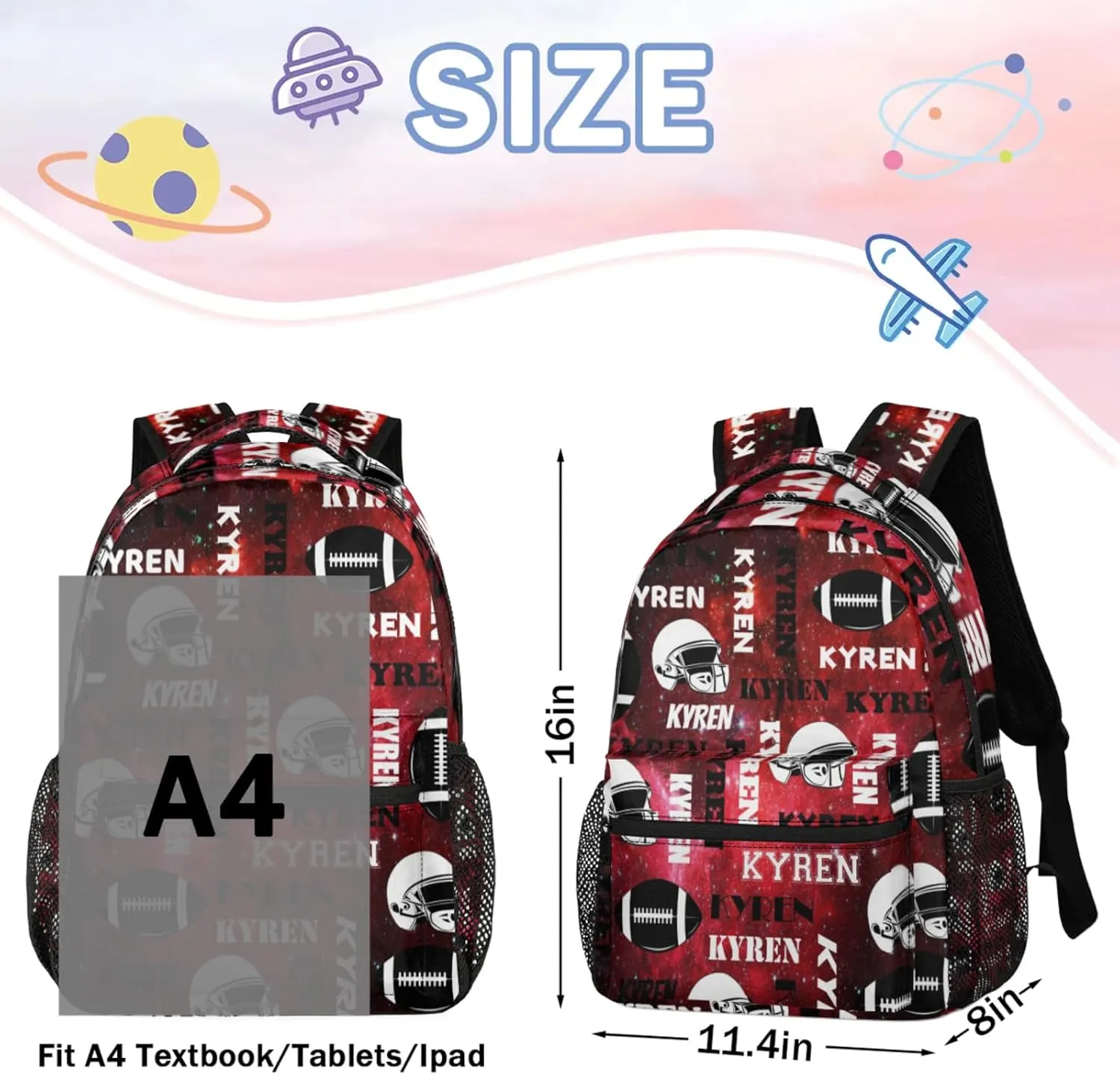 Personalized Name Football Backpack for Men Women, Custom Name Sports Bag Backpack, Laptop Backpacks Daypack for Travel Camping, Red Black
