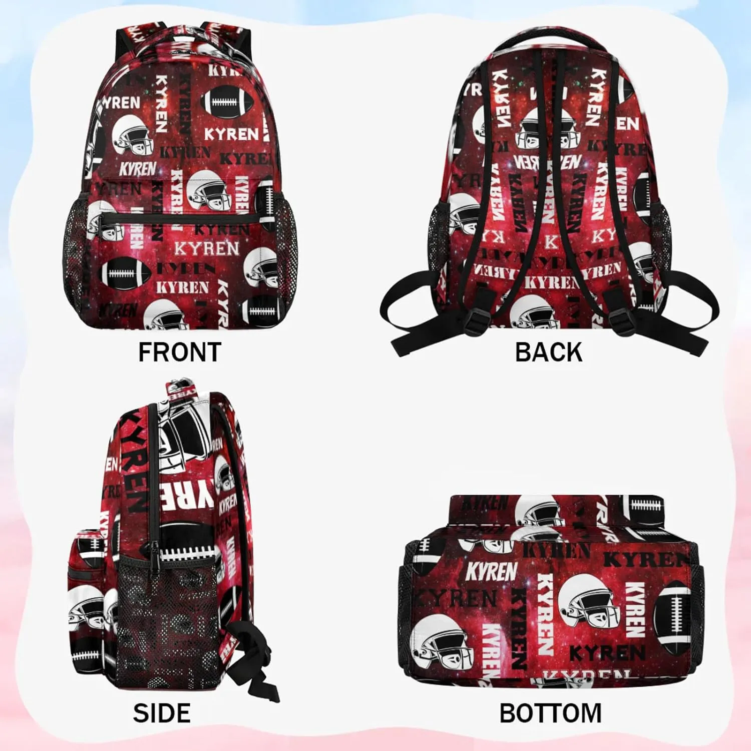 Personalized Name Football Backpack for Men Women, Custom Name Sports Bag Backpack, Laptop Backpacks Daypack for Travel Camping, Red Black