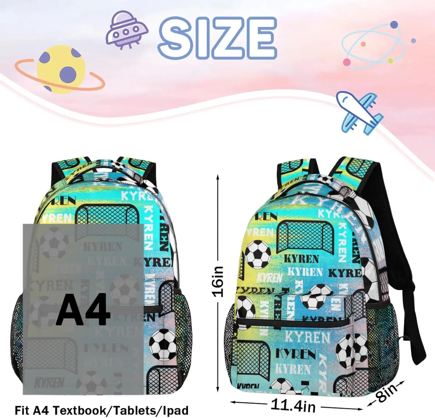 Personalized Name Soccer Backpack for Men Women, Customized Sports Bag Backpack Custom Laptop Backpacks Travel Camping Daypack, Blue Yellow Pinks