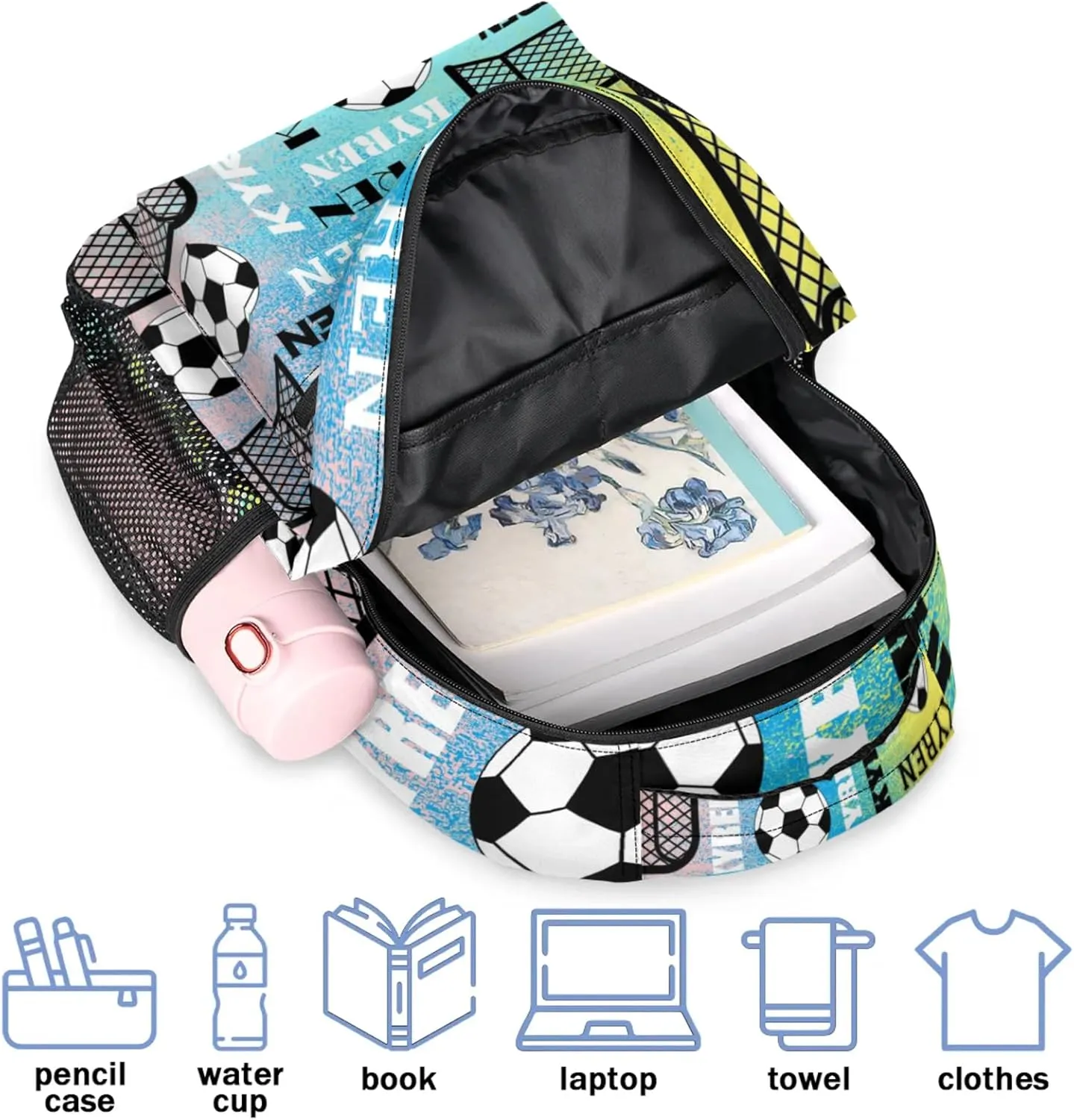Personalized Name Soccer Backpack for Men Women, Customized Sports Bag Backpack Custom Laptop Backpacks Travel Camping Daypack, Blue Yellow Pinks