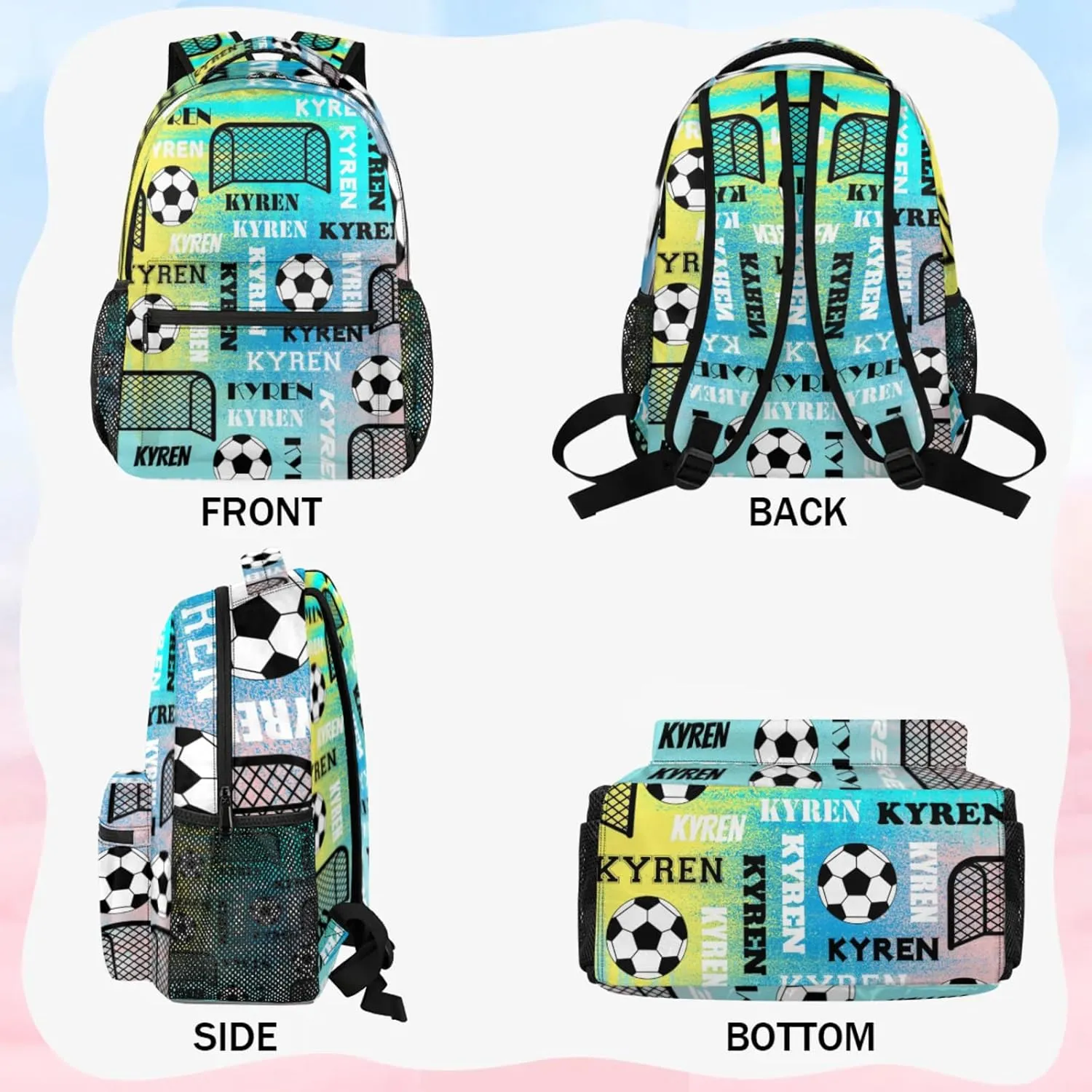 Personalized Name Soccer Backpack for Men Women, Customized Sports Bag Backpack Custom Laptop Backpacks Travel Camping Daypack, Blue Yellow Pinks