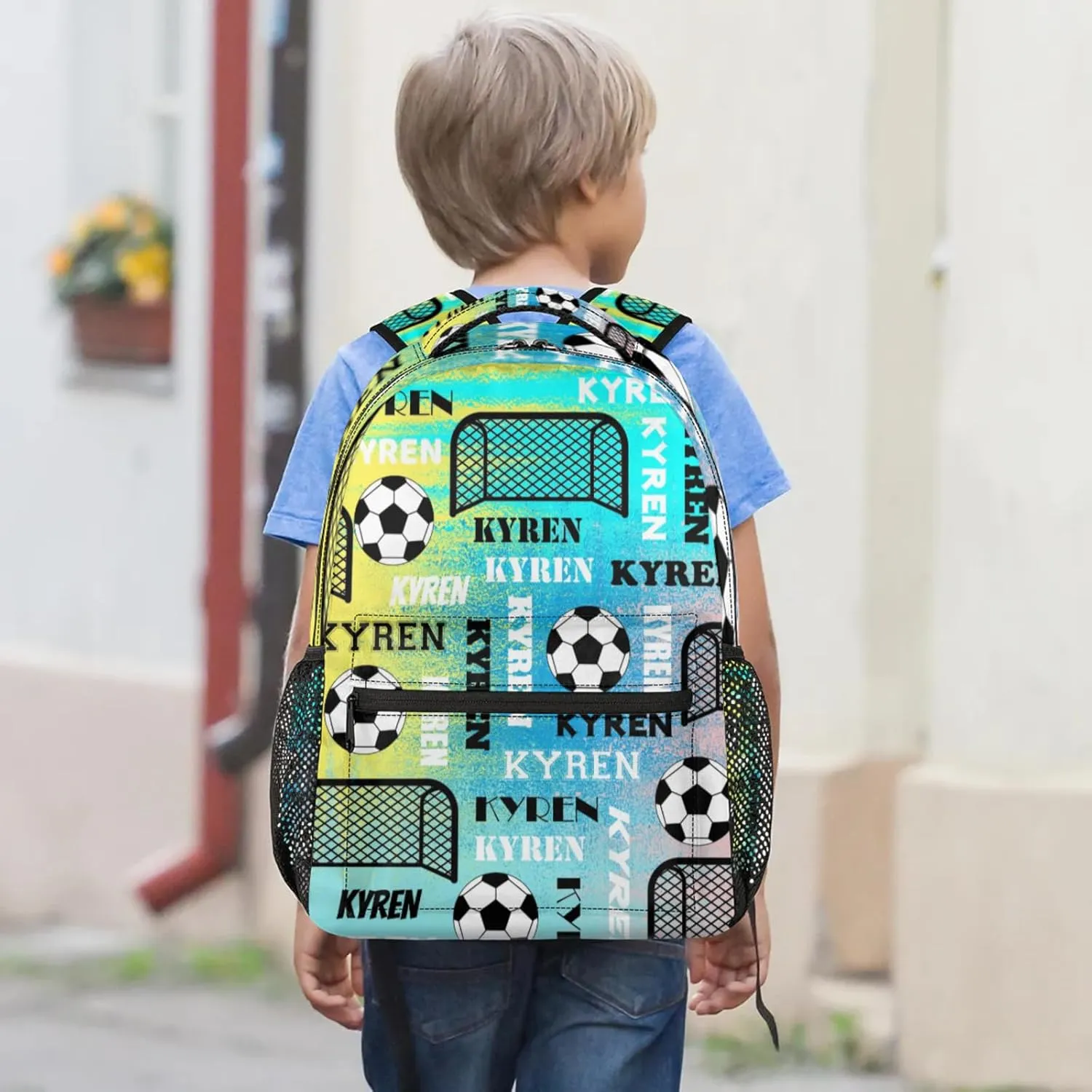 Personalized Name Soccer Backpack for Men Women, Customized Sports Bag Backpack Custom Laptop Backpacks Travel Camping Daypack, Blue Yellow Pinks