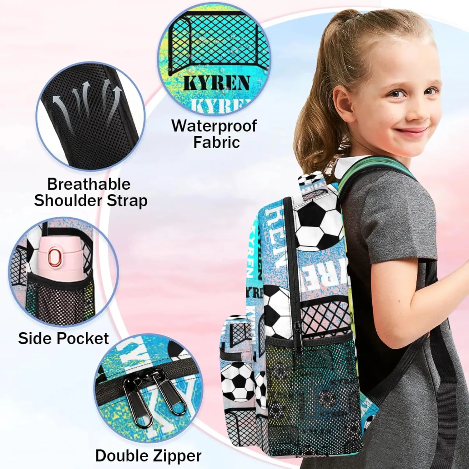 Personalized Name Soccer Backpack for Men Women, Customized Sports Bag Backpack Custom Laptop Backpacks Travel Camping Daypack, Blue Yellow Pinks