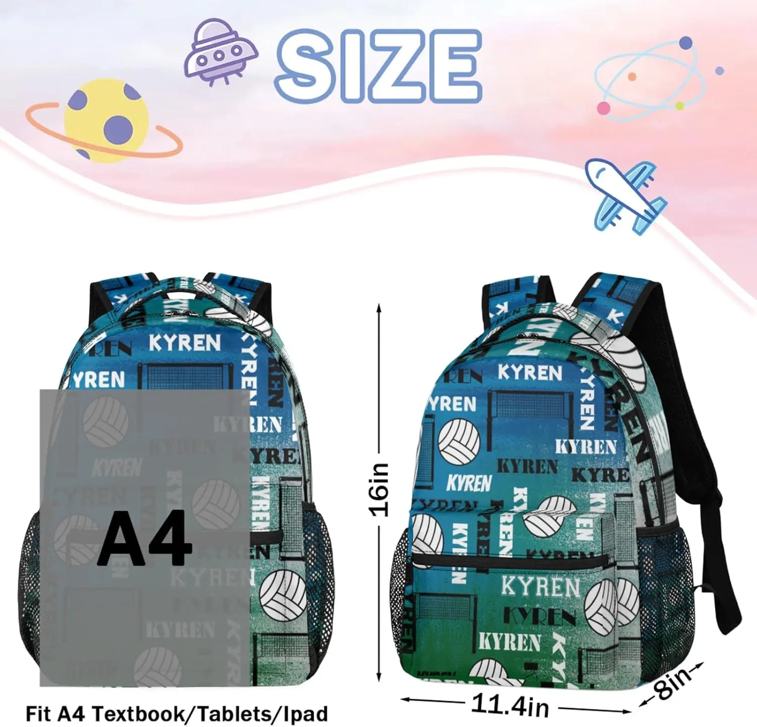 Personalized Name Volleyball Backpack, Custom Sports Bag Backpack for Men Women, Laptop Backpacks Travel Camping Daypack, Blue Green Gray