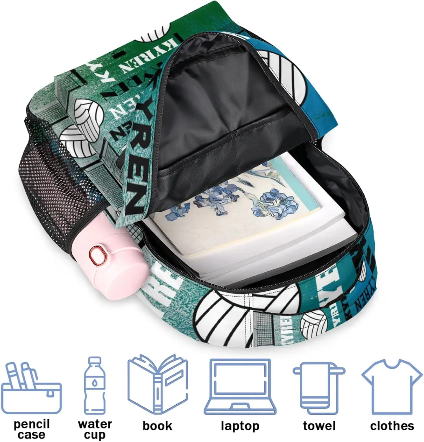 Personalized Name Volleyball Backpack, Custom Sports Bag Backpack for Men Women, Laptop Backpacks Travel Camping Daypack, Blue Green Gray
