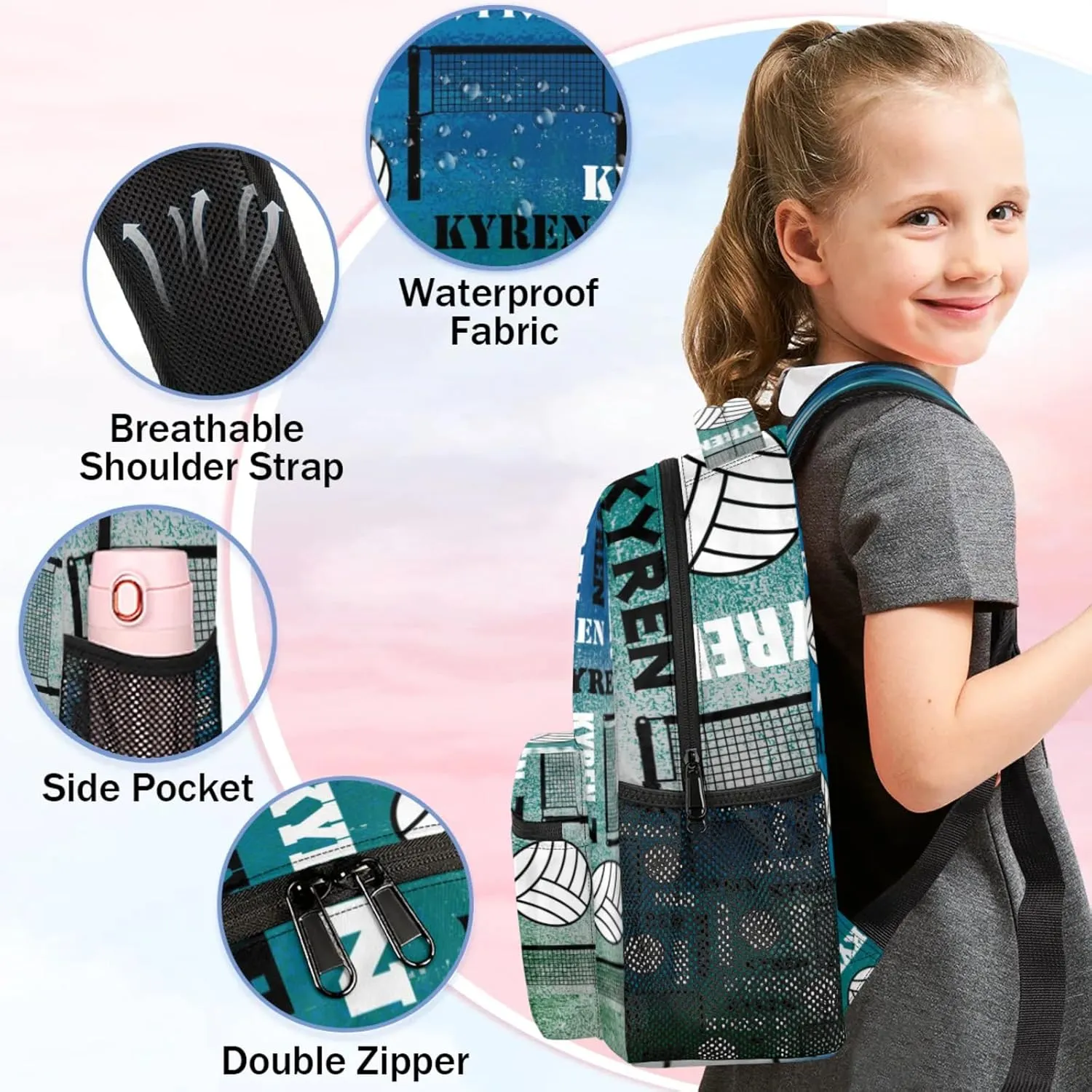 Personalized Name Volleyball Backpack, Custom Sports Bag Backpack for Men Women, Laptop Backpacks Travel Camping Daypack, Blue Green Gray