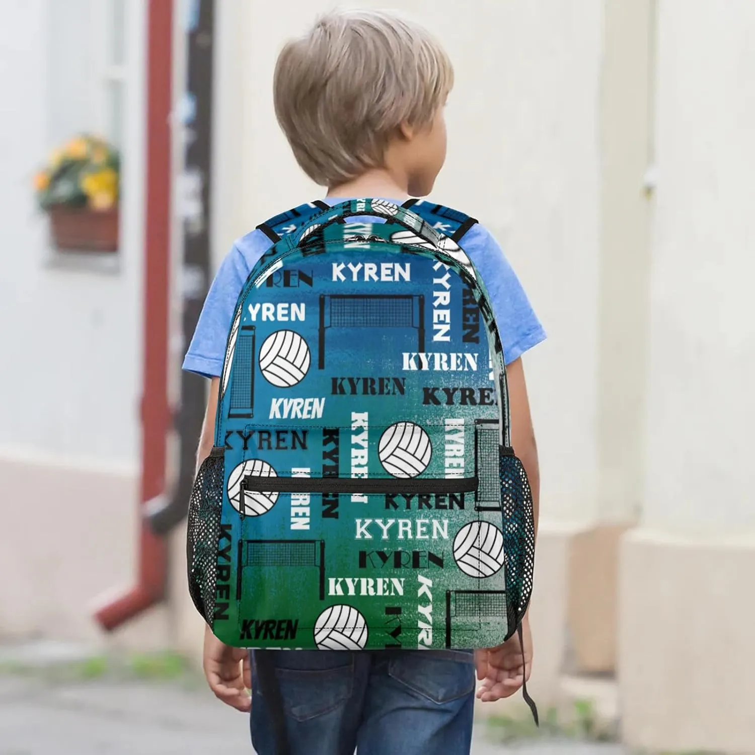 Personalized Name Volleyball Backpack, Custom Sports Bag Backpack for Men Women, Laptop Backpacks Travel Camping Daypack, Blue Green Gray