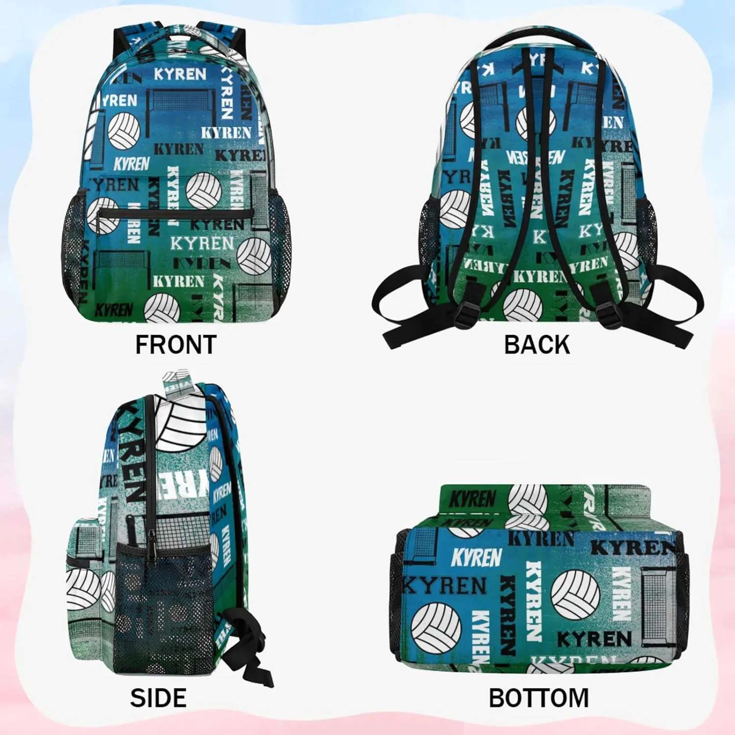 Personalized Name Volleyball Backpack, Custom Sports Bag Backpack for Men Women, Laptop Backpacks Travel Camping Daypack, Blue Green Gray