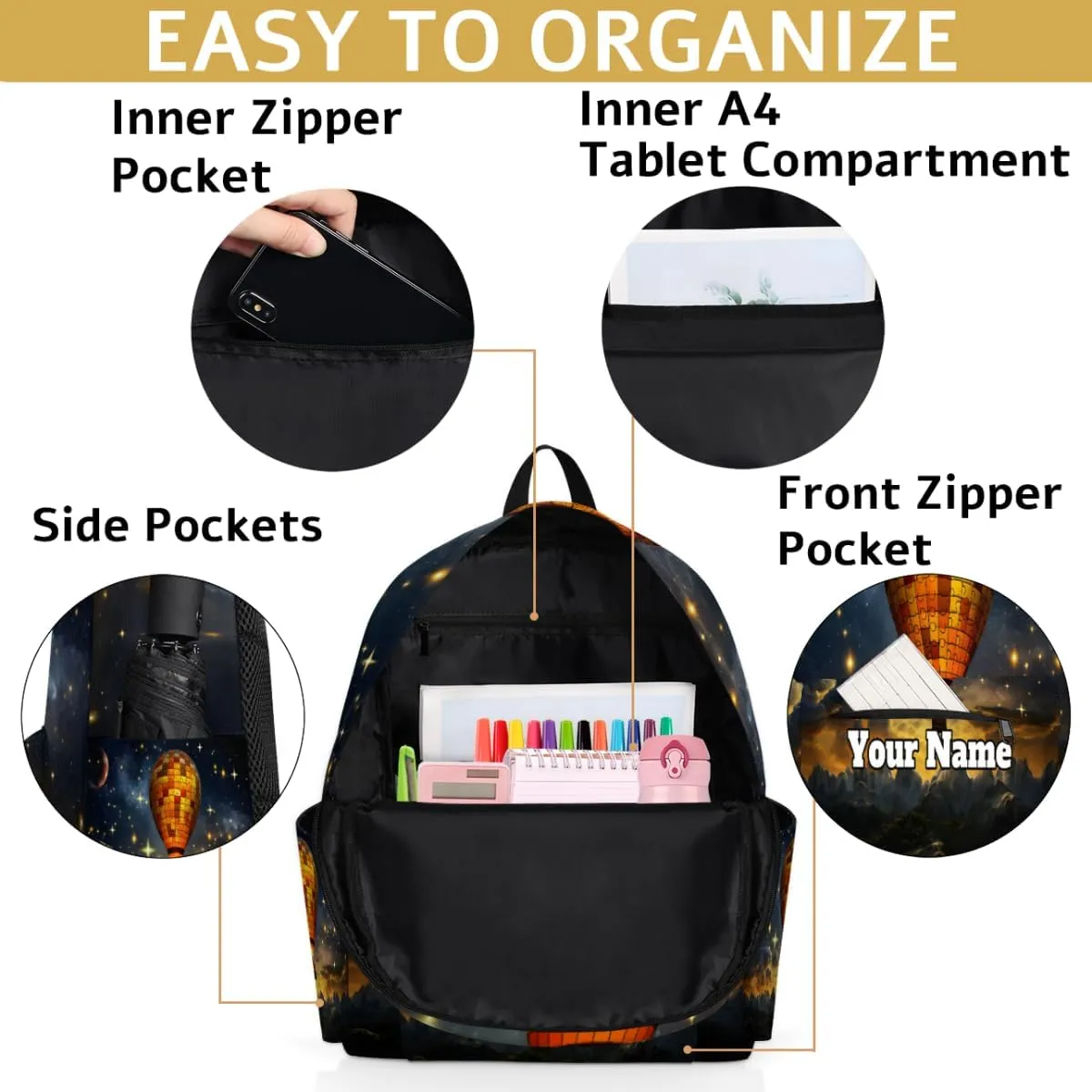 Personalized Retro Hot Air Balloon Preschool Toddler Backpack for Boys Girls Custom Kids Name Small Bookbags Kindergarten Elementary Backpack, Hot Air Balloon