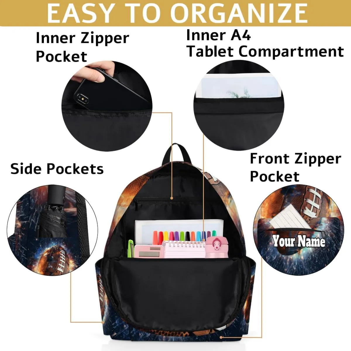 Personalized Rugby Football Preschool Toddler Backpack for Boys Girls Custom Kids Name Small Bookbags Kindergarten Elementary Backpack, Sport Theme