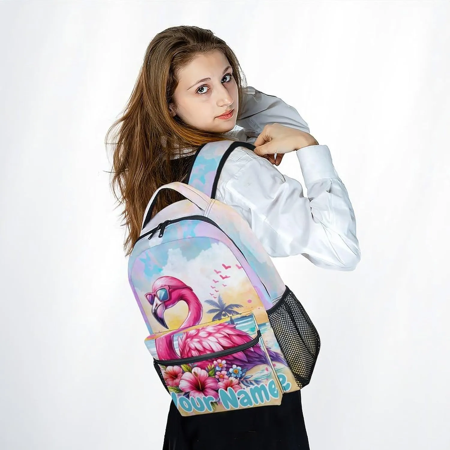Personalized School Backpack for Girls - 17 Inch Large Capacity Aesthetic Kid Backpack - Colorful Durable Flamingo Bookbag for School, Travel and Camp