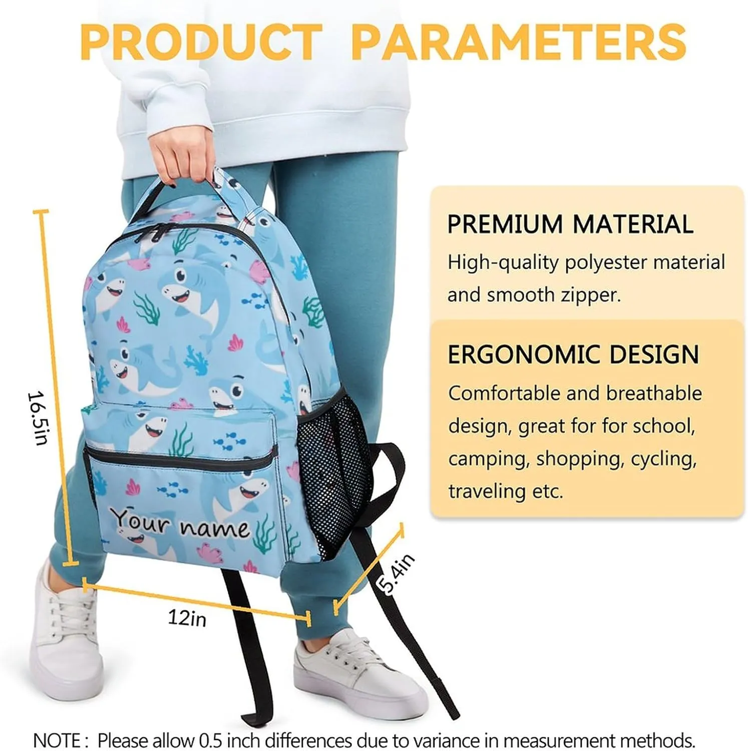 Personalized Shark Backpack for Boys Girls, 16 Inch Cute Backpack for School, Blue, Large Capacity, Durable, Lightweight Bookbag for Kids Travel