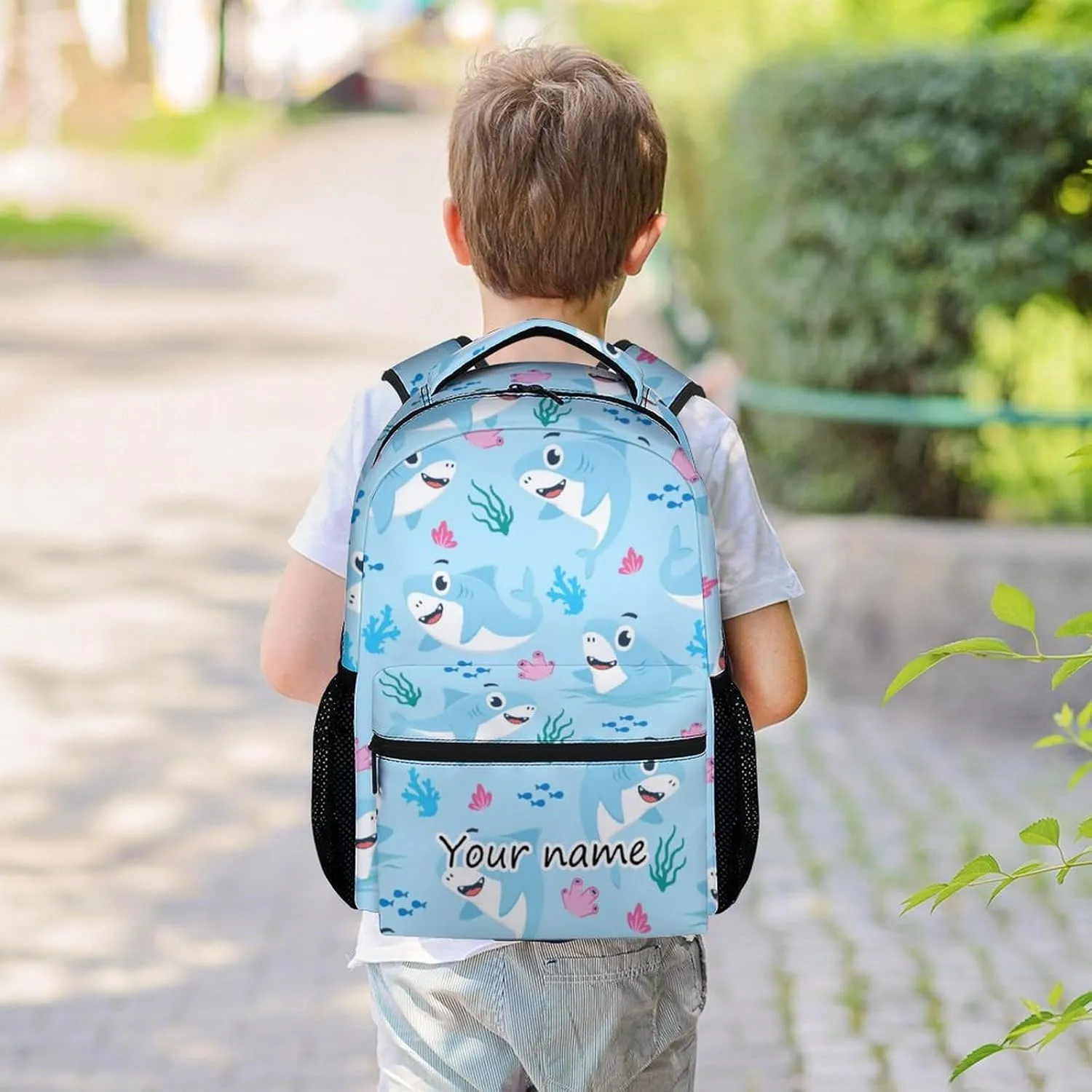 Personalized Shark Backpack for Boys Girls, 16 Inch Cute Backpack for School, Blue, Large Capacity, Durable, Lightweight Bookbag for Kids Travel