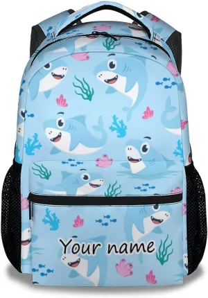 Personalized Shark Backpack for Boys Girls, 16 Inch Cute Backpack for School, Blue, Large Capacity, Durable, Lightweight Bookbag for Kids Travel