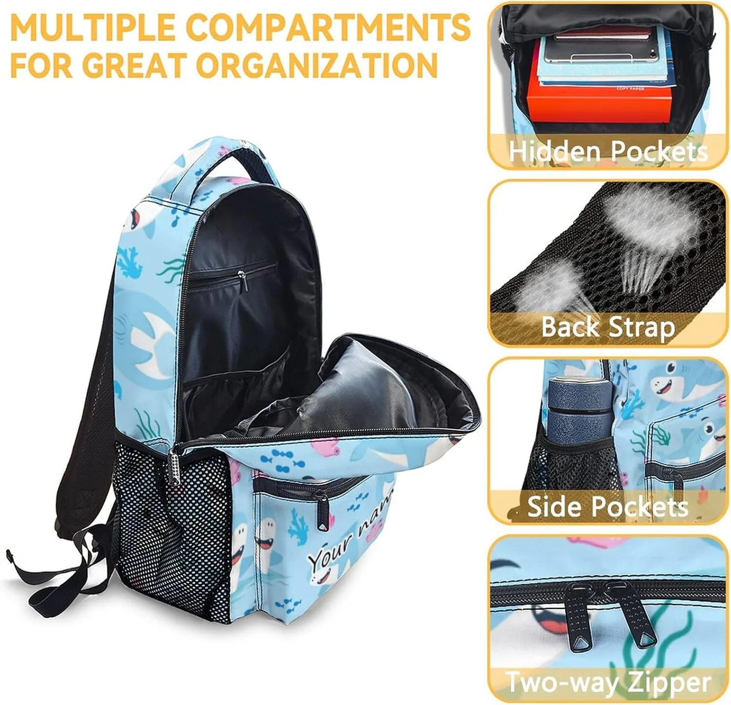Personalized Shark Backpack for Boys Girls, 16 Inch Cute Backpack for School, Blue, Large Capacity, Durable, Lightweight Bookbag for Kids Travel