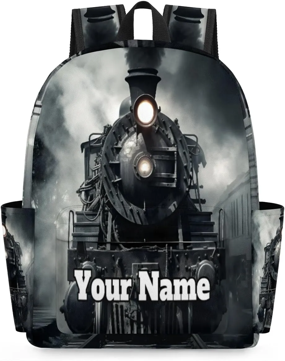 Personalized Steam Train Preschool Toddler Backpack for Boys Girls Custom Kids Name Small Bookbags Kindergarten Elementary Backpack, Black Train