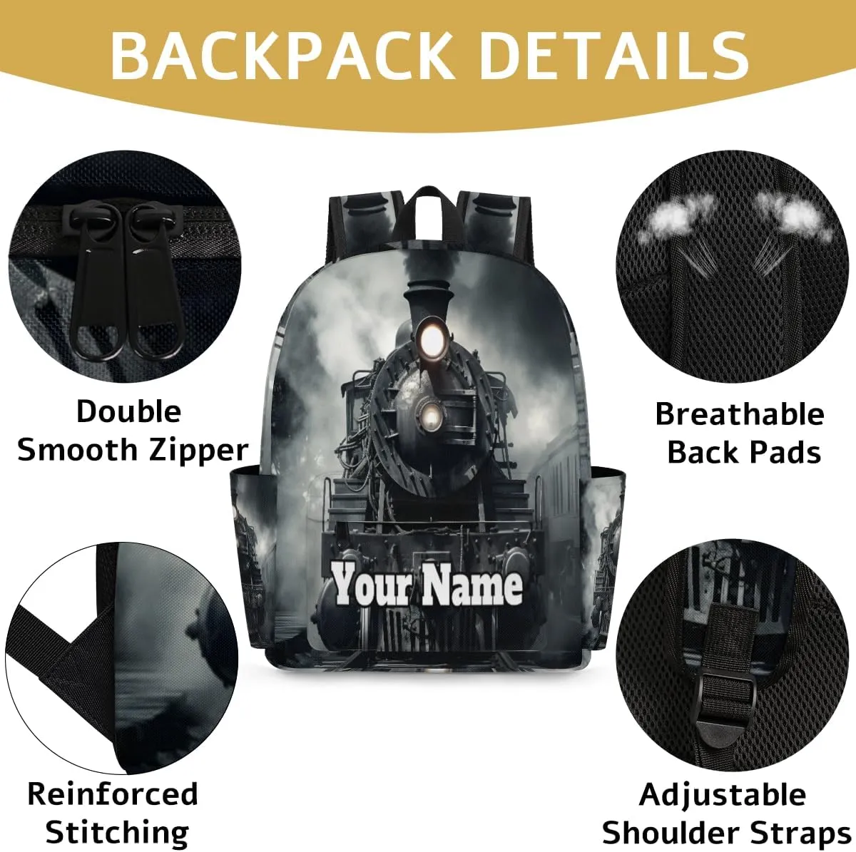 Personalized Steam Train Preschool Toddler Backpack for Boys Girls Custom Kids Name Small Bookbags Kindergarten Elementary Backpack, Black Train