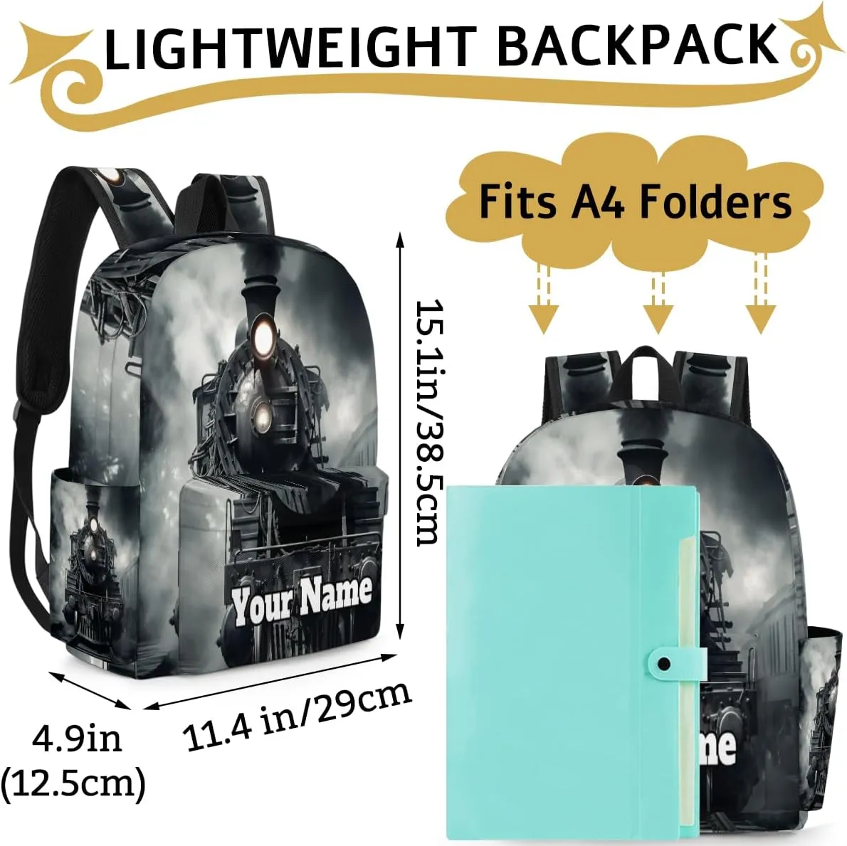 Personalized Steam Train Preschool Toddler Backpack for Boys Girls Custom Kids Name Small Bookbags Kindergarten Elementary Backpack, Black Train