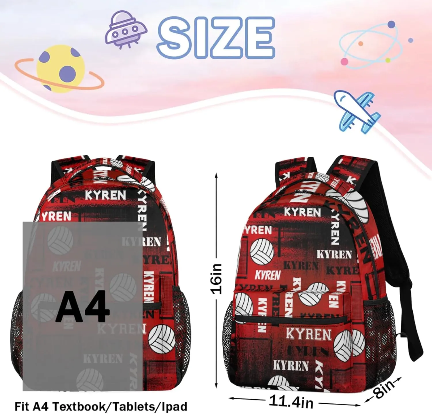 Personalized Volleyball Backpack for Men Women, Custom Name Laptop Backpack, Sports Bag Daypack for Travel Camping, Black Red