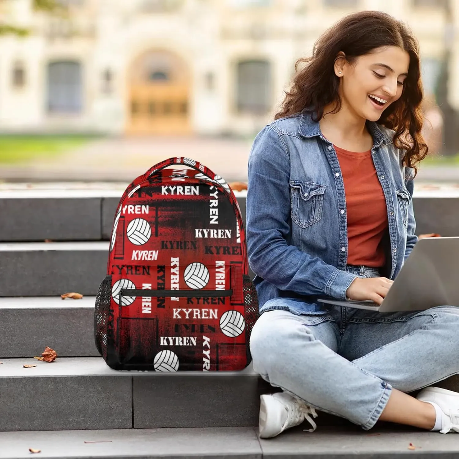 Personalized Volleyball Backpack for Men Women, Custom Name Laptop Backpack, Sports Bag Daypack for Travel Camping, Black Red