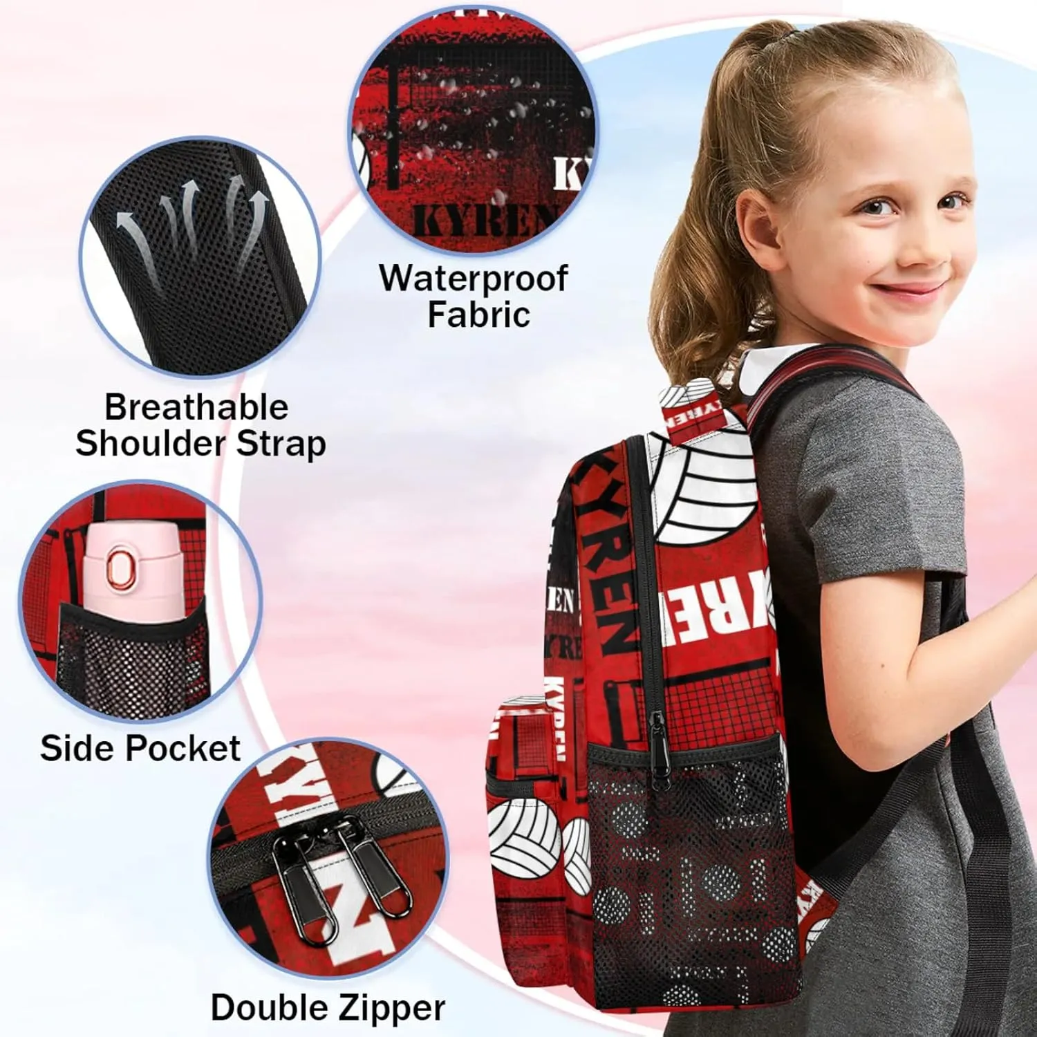Personalized Volleyball Backpack for Men Women, Custom Name Laptop Backpack, Sports Bag Daypack for Travel Camping, Black Red