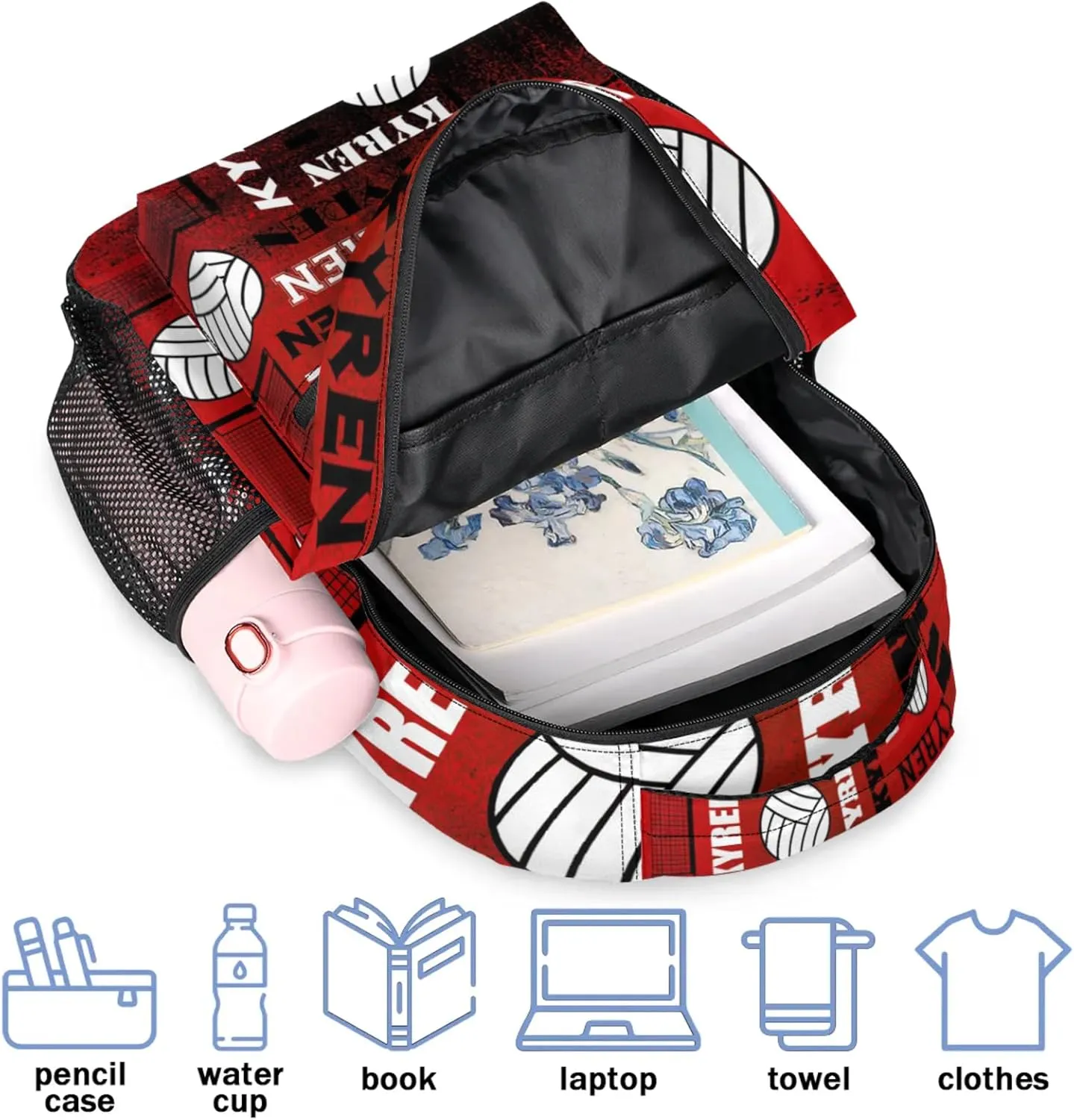 Personalized Volleyball Backpack for Men Women, Custom Name Laptop Backpack, Sports Bag Daypack for Travel Camping, Black Red