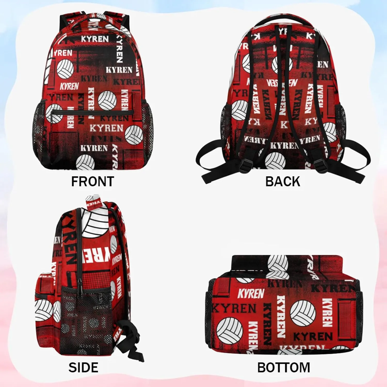 Personalized Volleyball Backpack for Men Women, Custom Name Laptop Backpack, Sports Bag Daypack for Travel Camping, Black Red