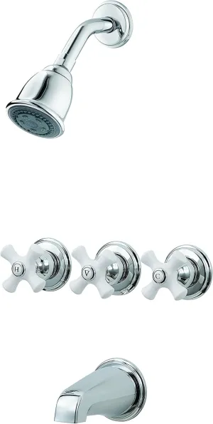 Pfister LG018CPC LG01-8CPC 3 Tub & Shower Faucet with Metal Cross Handles, Combo-Chrome/White Porcelain