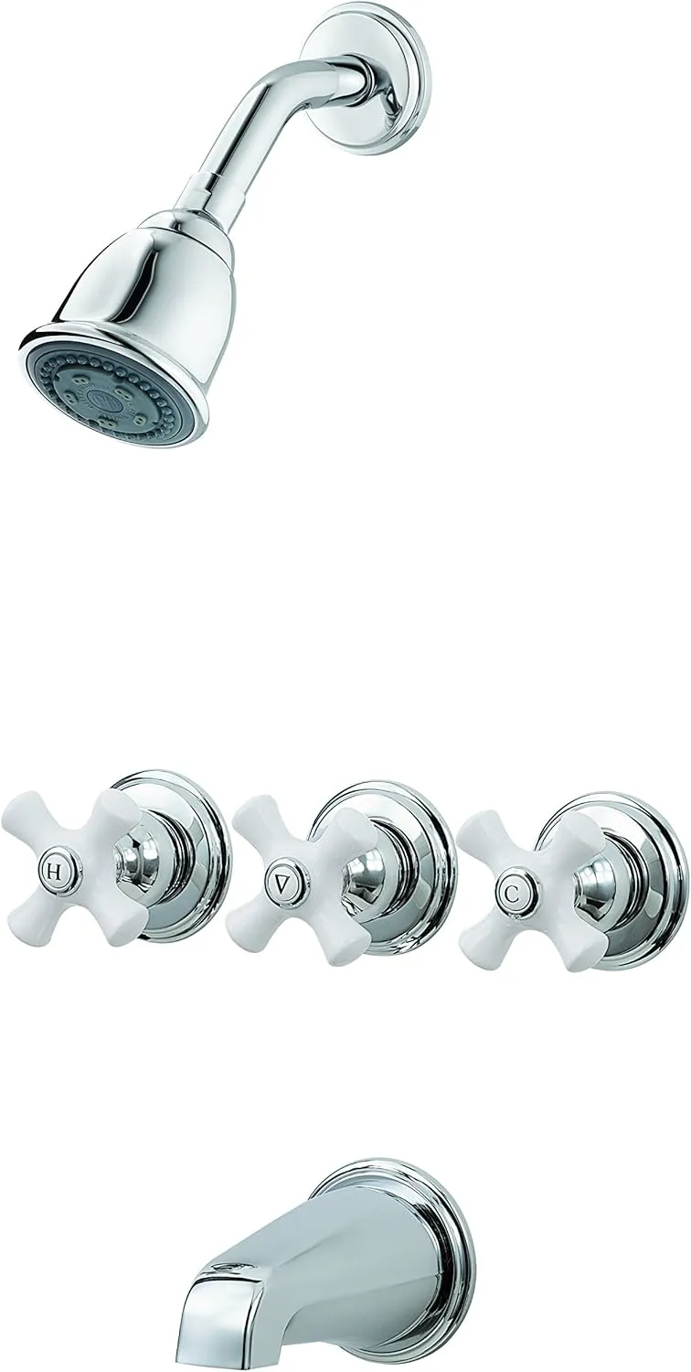 Pfister LG018CPC LG01-8CPC 3 Tub & Shower Faucet with Metal Cross Handles, Combo-Chrome/White Porcelain