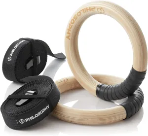 Philosophy Gym Wood Gymnastic Rings 1" or 1.25" Grip with Adjustable Straps and Grip Tape for Pull Ups, Dips, Muscle Ups