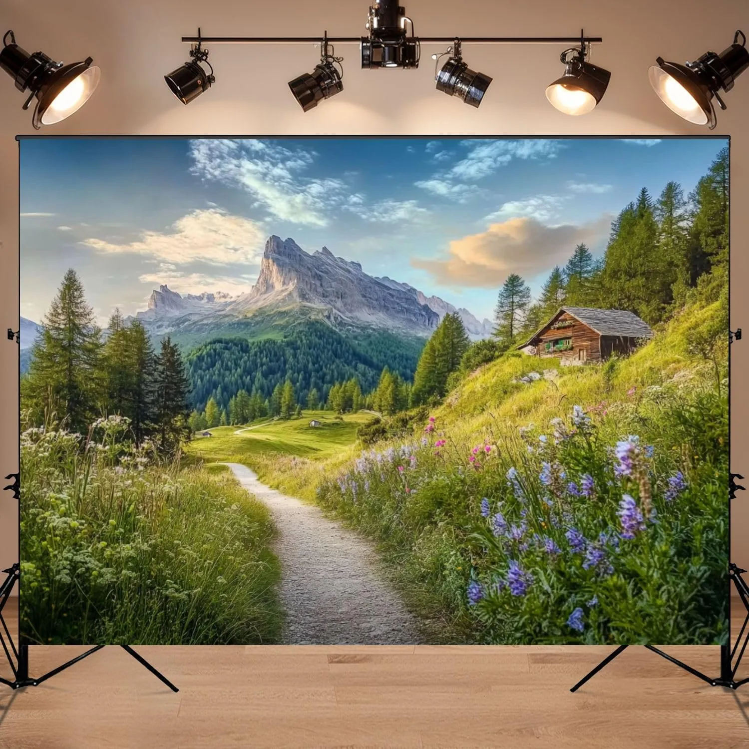 Photography Backdrop Photography Background Alpine Scenery Dolomites Mountain chalets Sunset Summer for Photoshoot Portrait Photo Studio Video Prop Birthday Party Booth Decoration 7x5ft