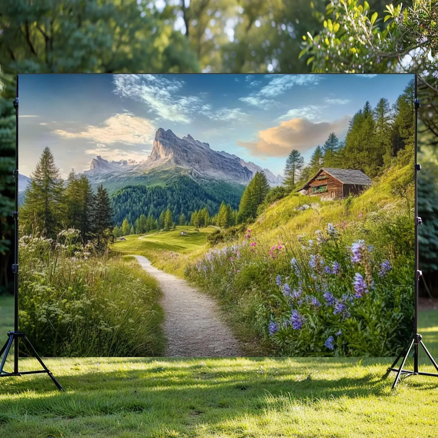 Photography Backdrop Photography Background Alpine Scenery Dolomites Mountain chalets Sunset Summer for Photoshoot Portrait Photo Studio Video Prop Birthday Party Booth Decoration 7x5ft