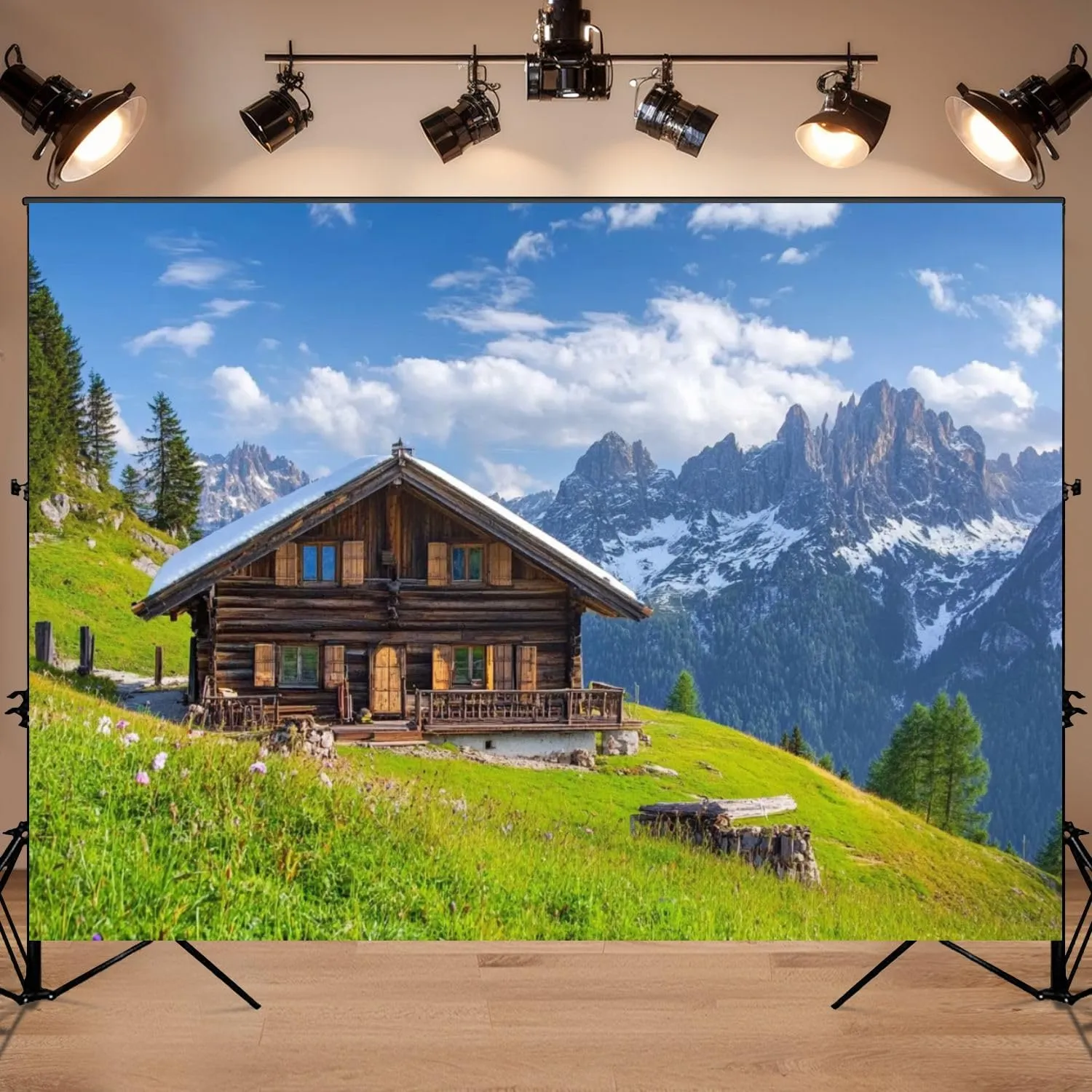 Photography Backdrop Photography Background Alpine Scenery Mountain Chalet Summer for Photoshoot Portrait Photo Studio Video Prop Birthday Party Booth Decoration 7x5ft