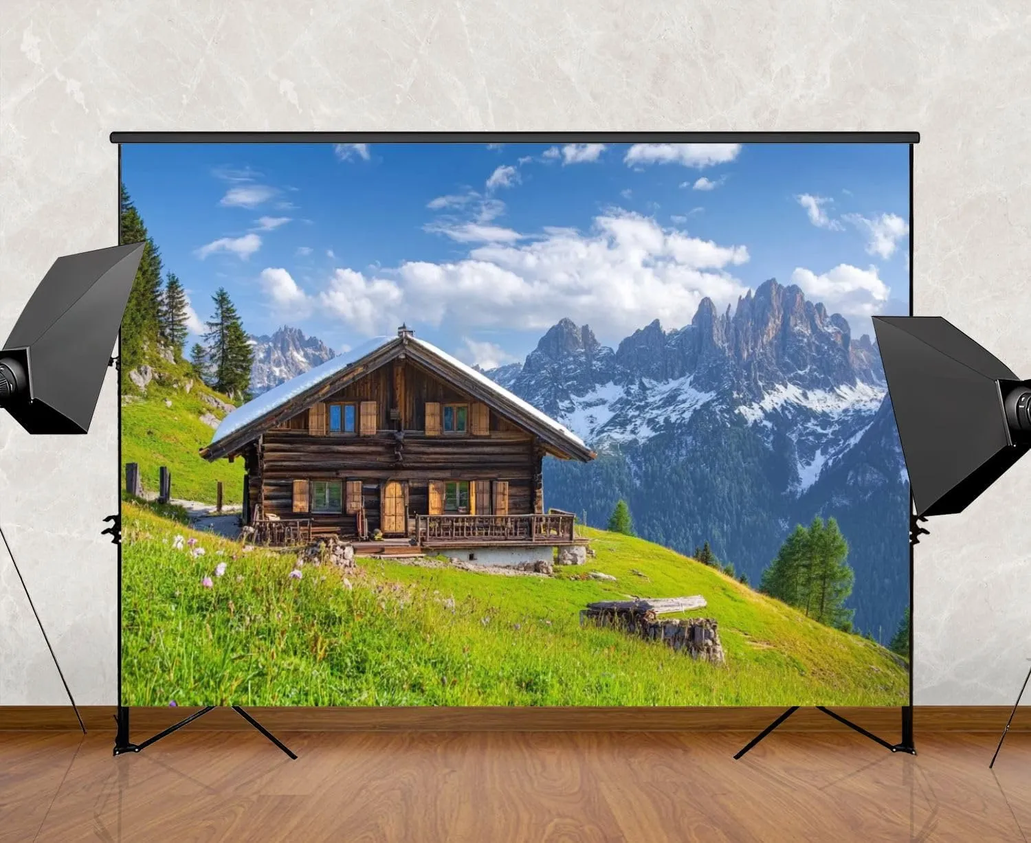 Photography Backdrop Photography Background Alpine Scenery Mountain Chalet Summer for Photoshoot Portrait Photo Studio Video Prop Birthday Party Booth Decoration 7x5ft