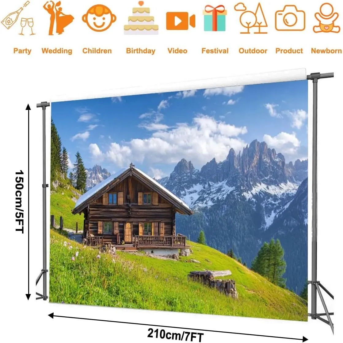 Photography Backdrop Photography Background Alpine Scenery Mountain Chalet Summer for Photoshoot Portrait Photo Studio Video Prop Birthday Party Booth Decoration 7x5ft