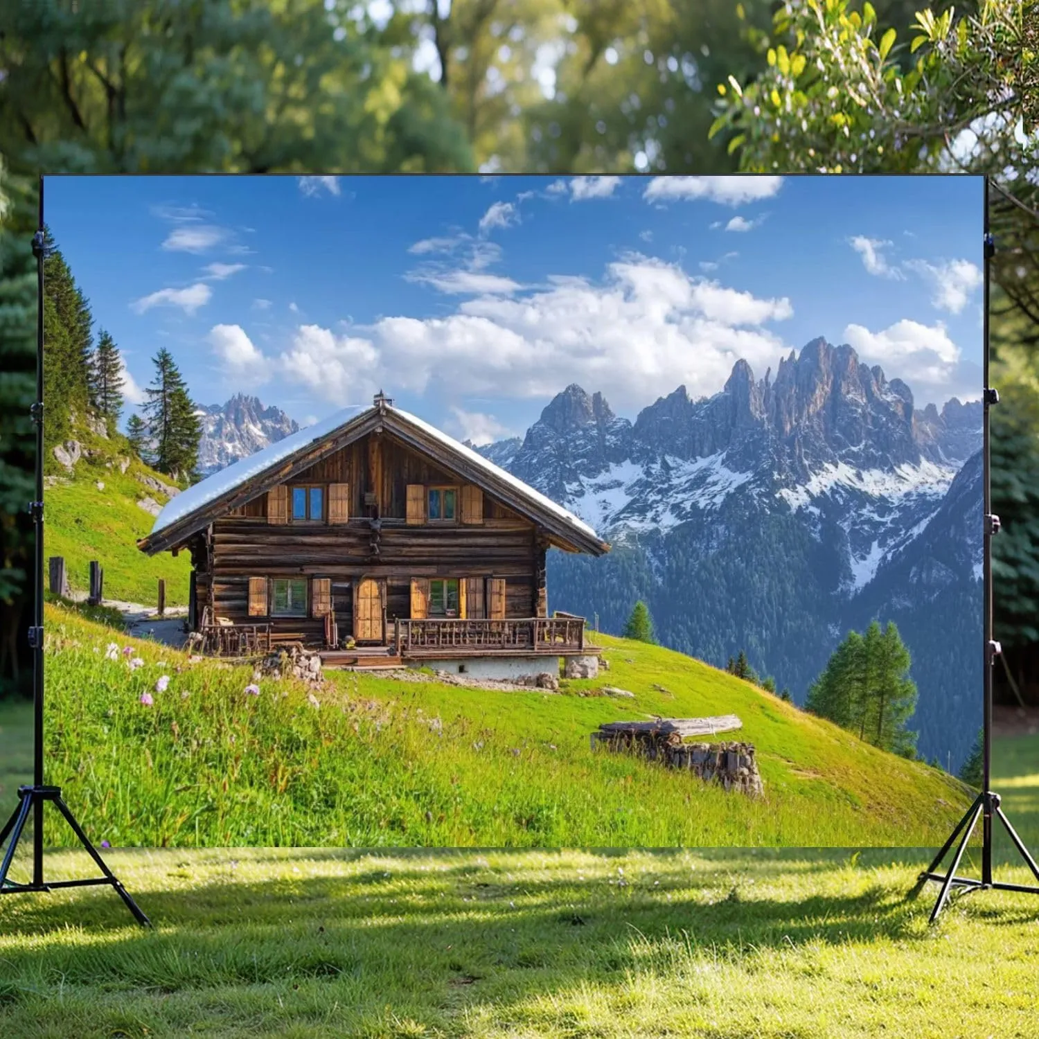 Photography Backdrop Photography Background Alpine Scenery Mountain Chalet Summer for Photoshoot Portrait Photo Studio Video Prop Birthday Party Booth Decoration 7x5ft