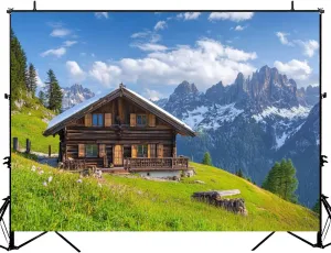 Photography Backdrop Photography Background Alpine Scenery Mountain Chalet Summer for Photoshoot Portrait Photo Studio Video Prop Birthday Party Booth Decoration 7x5ft